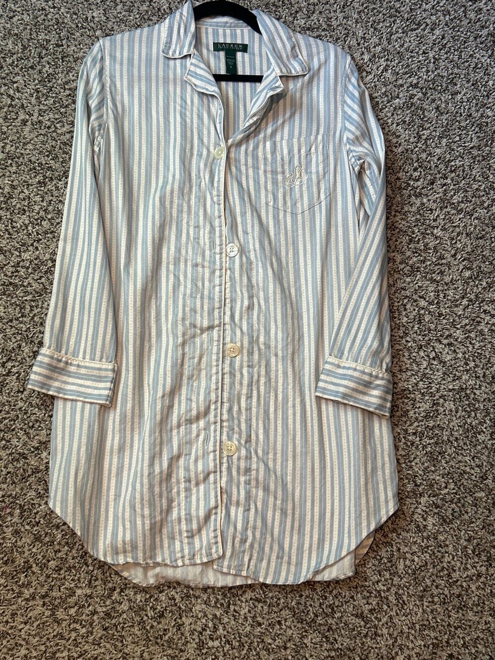 Lauren Ralph Lauren 100% Cotton Long Sleeve Sleep Shirt Blue and Cream Striped